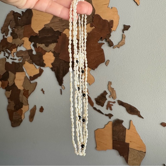 Vintage 14k Gold Biwa Pearl Onyx Triple Strand 17” Hong Kong Necklace New Tags - Picture 1 of 8